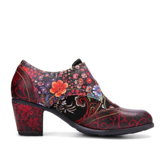Women Retro Floral Printing Leather Soft Round Toe Sculpted Chunky Heels Women Retro Floral Printing Leather Soft Round Toe Sculpted Chunky Heels