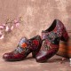 Women Retro Floral Printing Leather Soft Round Toe Sculpted Chunky Heels Women Retro Floral Printing Leather Soft Round Toe Sculpted Chunky Heels