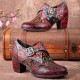 Women Retro Floral Printing Leather Soft Round Toe Sculpted Chunky Heels Women Retro Floral Printing Leather Soft Round Toe Sculpted Chunky Heels