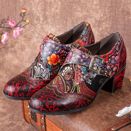Women Retro Floral Printing Leather Soft Round Toe Sculpted Chunky Heels Women Retro Floral Printing Leather Soft Round Toe Sculpted Chunky Heels