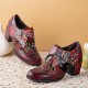 Women Retro Floral Printing Leather Soft Round Toe Sculpted Chunky Heels Women Retro Floral Printing Leather Soft Round Toe Sculpted Chunky Heels
