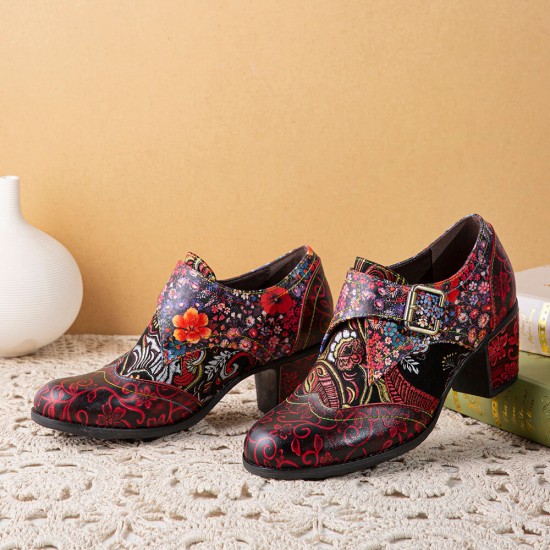 Women Retro Floral Printing Leather Soft Round Toe Sculpted Chunky Heels Women Retro Floral Printing Leather Soft Round Toe Sculpted Chunky Heels
