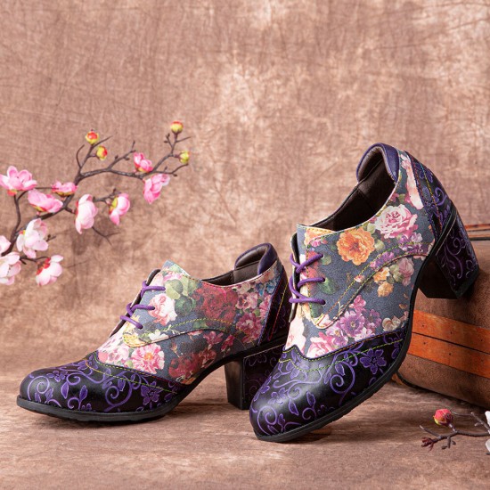 Women Retro Floral Printing Leather Splicing Soft Comfy Sculpted Chunky Heels Women Retro Floral Printing Leather Splicing Soft Comfy Sculpted Chunky Heels