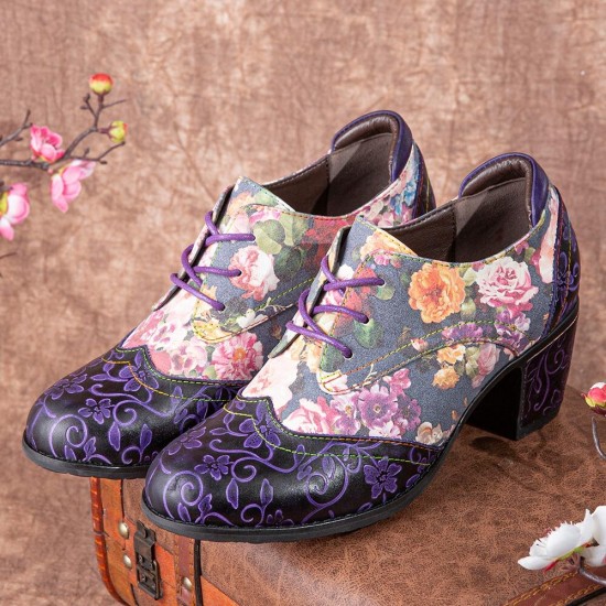 Women Retro Floral Printing Leather Splicing Soft Comfy Sculpted Chunky Heels Women Retro Floral Printing Leather Splicing Soft Comfy Sculpted Chunky Heels
