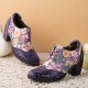 Women Retro Floral Printing Leather Splicing Soft Comfy Sculpted Chunky Heels Women Retro Floral Printing Leather Splicing Soft Comfy Sculpted Chunky Heels