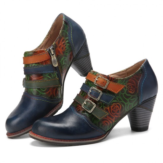 Genuine Leather Comfy Side-zip Retro Belt Buckle Decor Floral Heels Genuine Leather Comfy Side-zip Retro Belt Buckle Decor Floral Heels