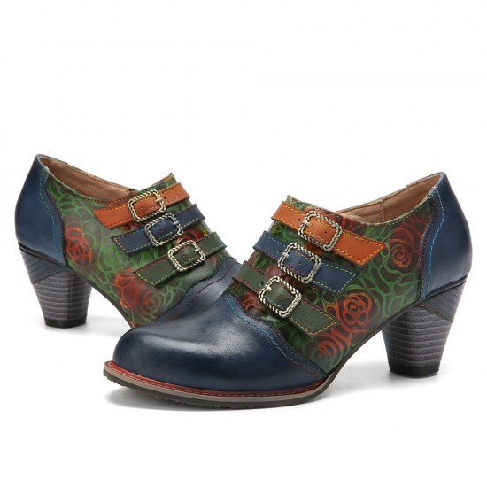 Genuine Leather Comfy Side-zip Retro Belt Buckle Decor Floral Heels Genuine Leather Comfy Side-zip Retro Belt Buckle Decor Floral Heels
