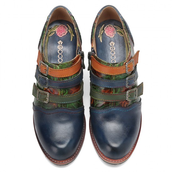 Genuine Leather Comfy Side-zip Retro Belt Buckle Decor Floral Heels Genuine Leather Comfy Side-zip Retro Belt Buckle Decor Floral Heels