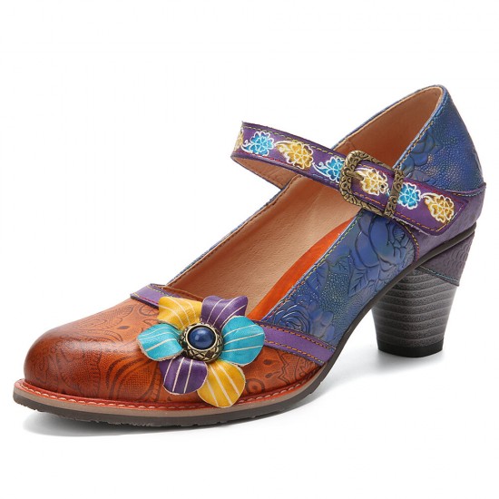 Genuine Leather Hook & Loop Floral Embellished Comfy Mary Jane Heels Genuine Leather Hook & Loop Floral Embellished Comfy Mary Jane Heels