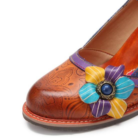 Genuine Leather Hook & Loop Floral Embellished Comfy Mary Jane Heels Genuine Leather Hook & Loop Floral Embellished Comfy Mary Jane Heels
