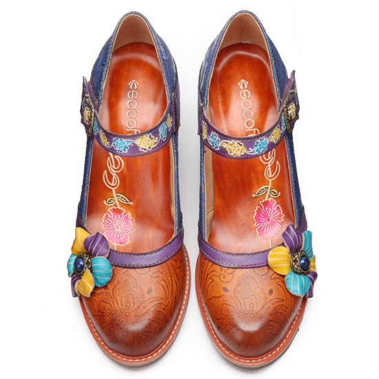 Genuine Leather Hook & Loop Floral Embellished Comfy Mary Jane Heels Genuine Leather Hook & Loop Floral Embellished Comfy Mary Jane Heels