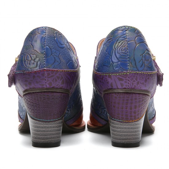 Genuine Leather Hook & Loop Floral Embellished Comfy Mary Jane Heels Genuine Leather Hook & Loop Floral Embellished Comfy Mary Jane Heels