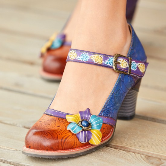 Genuine Leather Hook & Loop Floral Embellished Comfy Mary Jane Heels Genuine Leather Hook & Loop Floral Embellished Comfy Mary Jane Heels