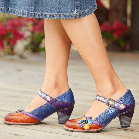 Genuine Leather Hook & Loop Floral Embellished Comfy Mary Jane Heels Genuine Leather Hook & Loop Floral Embellished Comfy Mary Jane Heels