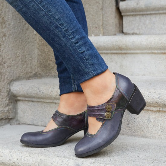 Genuine Leather Hook Loop Comfy Round Toe Retro Mary Jane Heels Genuine Leather Hook Loop Comfy Round Toe Retro Mary Jane Heels