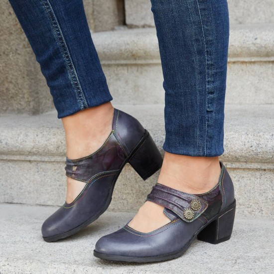 Genuine Leather Hook Loop Comfy Round Toe Retro Mary Jane Heels Genuine Leather Hook Loop Comfy Round Toe Retro Mary Jane Heels