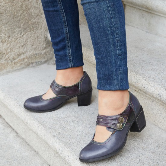 Genuine Leather Hook Loop Comfy Round Toe Retro Mary Jane Heels Genuine Leather Hook Loop Comfy Round Toe Retro Mary Jane Heels