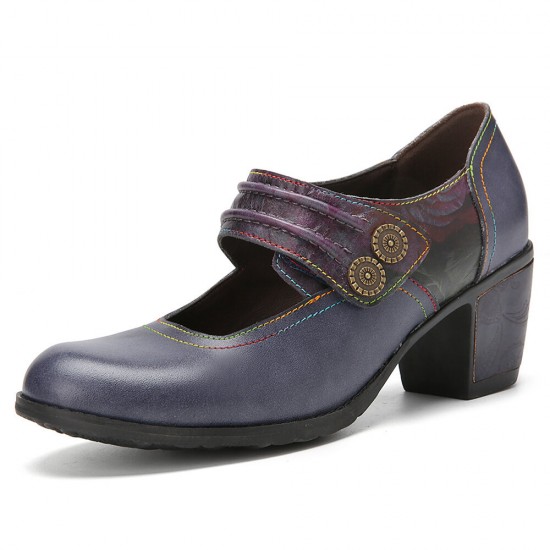 Genuine Leather Hook Loop Comfy Round Toe Retro Mary Jane Heels Genuine Leather Hook Loop Comfy Round Toe Retro Mary Jane Heels