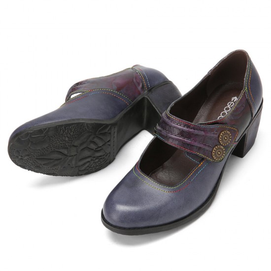 Genuine Leather Hook Loop Comfy Round Toe Retro Mary Jane Heels Genuine Leather Hook Loop Comfy Round Toe Retro Mary Jane Heels