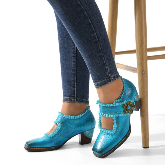 Genuine Leather Retro Comfy Square Toe Hook & Loop Mary Jane Heels Genuine Leather Retro Comfy Square Toe Hook & Loop Mary Jane Heels