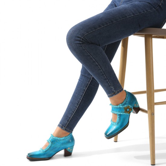 Genuine Leather Retro Comfy Square Toe Hook & Loop Mary Jane Heels Genuine Leather Retro Comfy Square Toe Hook & Loop Mary Jane Heels