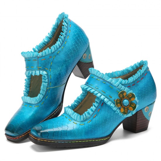 Genuine Leather Retro Comfy Square Toe Hook & Loop Mary Jane Heels Genuine Leather Retro Comfy Square Toe Hook & Loop Mary Jane Heels