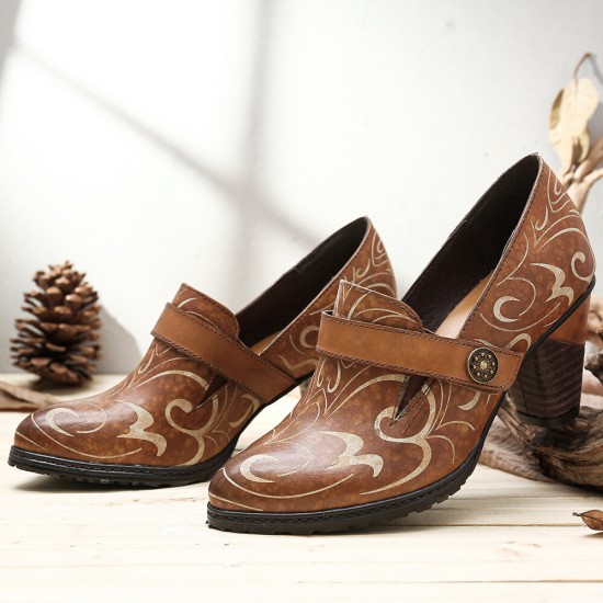 Retro Genuine Leather Vine Pattern Solid Color Elegant Hook Loop Pumps Retro Genuine Leather Vine Pattern Solid Color Elegant Hook Loop Pumps