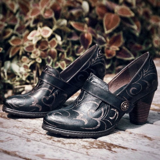 Retro Genuine Leather Vine Pattern Solid Color Elegant Hook Loop Pumps Retro Genuine Leather Vine Pattern Solid Color Elegant Hook Loop Pumps