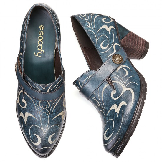 Retro Genuine Leather Vine Pattern Solid Color Elegant Hook Loop Pumps Retro Genuine Leather Vine Pattern Solid Color Elegant Hook Loop Pumps