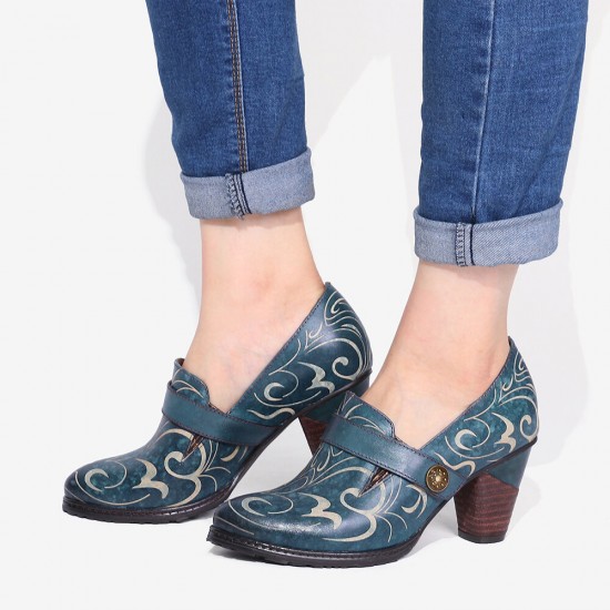 Retro Genuine Leather Vine Pattern Solid Color Elegant Hook Loop Pumps Retro Genuine Leather Vine Pattern Solid Color Elegant Hook Loop Pumps