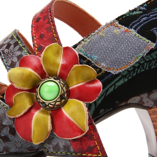 Genuine Leather Hook & Loop Comfy Retro Colorblock Floral Decor Mary Jane Heels Genuine Leather Hook & Loop Comfy Retro Colorblock Floral Decor Mary Jane Heels