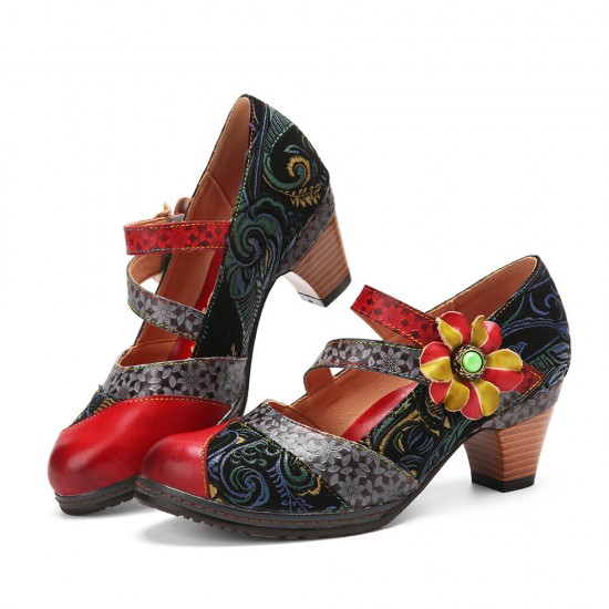 Genuine Leather Hook & Loop Comfy Retro Colorblock Floral Decor Mary Jane Heels Genuine Leather Hook & Loop Comfy Retro Colorblock Floral Decor Mary Jane Heels