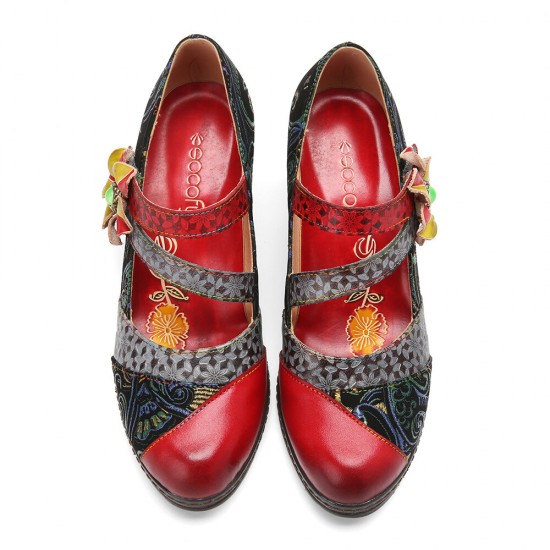 Genuine Leather Hook & Loop Comfy Retro Colorblock Floral Decor Mary Jane Heels Genuine Leather Hook & Loop Comfy Retro Colorblock Floral Decor Mary Jane Heels