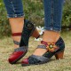 Genuine Leather Hook & Loop Comfy Retro Colorblock Floral Decor Mary Jane Heels Genuine Leather Hook & Loop Comfy Retro Colorblock Floral Decor Mary Jane Heels