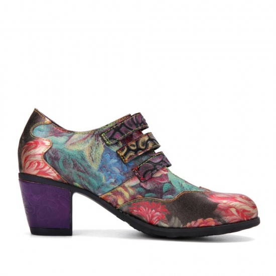 Women Retro Floral Printing Leather Comfy Hook Loop Round Toe Soft Chunky Heels Women Retro Floral Printing Leather Comfy Hook Loop Round Toe Soft Chunky Heels