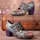 Women Retro Floral Printing Leather Comfy Hook Loop Round Toe Soft Chunky Heels Women Retro Floral Printing Leather Comfy Hook Loop Round Toe Soft Chunky Heels