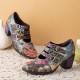Women Retro Floral Printing Leather Comfy Hook Loop Round Toe Soft Chunky Heels Women Retro Floral Printing Leather Comfy Hook Loop Round Toe Soft Chunky Heels