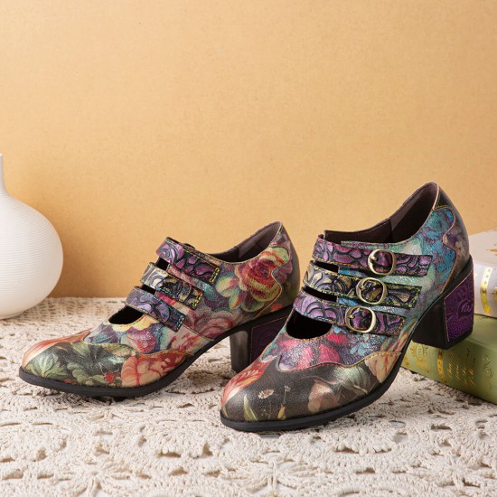 Women Retro Floral Printing Leather Comfy Hook Loop Round Toe Soft Chunky Heels Women Retro Floral Printing Leather Comfy Hook Loop Round Toe Soft Chunky Heels