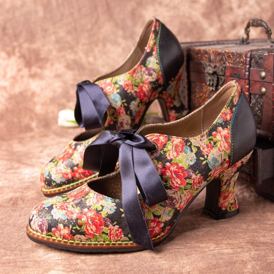 Women Elegant Graceful Little Flowers Printed Comfy Wearable Lace Up Stitching Chunky Heel Pumps Women Elegant Graceful Little Flowers Printed Comfy Wearable Lace Up Stitching Chunky Heel Pumps