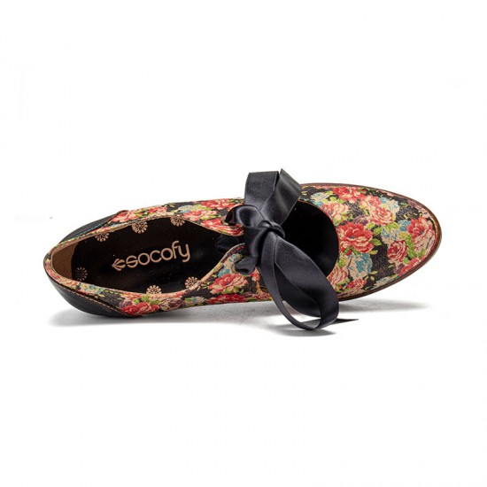 Women Elegant Graceful Little Flowers Printed Comfy Wearable Lace Up Stitching Chunky Heel Pumps Women Elegant Graceful Little Flowers Printed Comfy Wearable Lace Up Stitching Chunky Heel Pumps