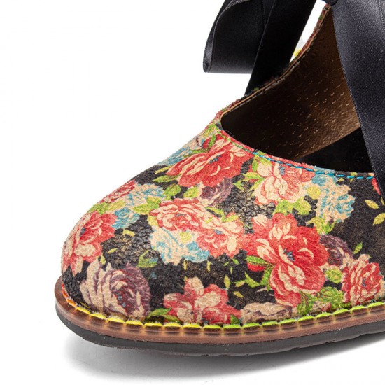 Women Elegant Graceful Little Flowers Printed Comfy Wearable Lace Up Stitching Chunky Heel Pumps Women Elegant Graceful Little Flowers Printed Comfy Wearable Lace Up Stitching Chunky Heel Pumps