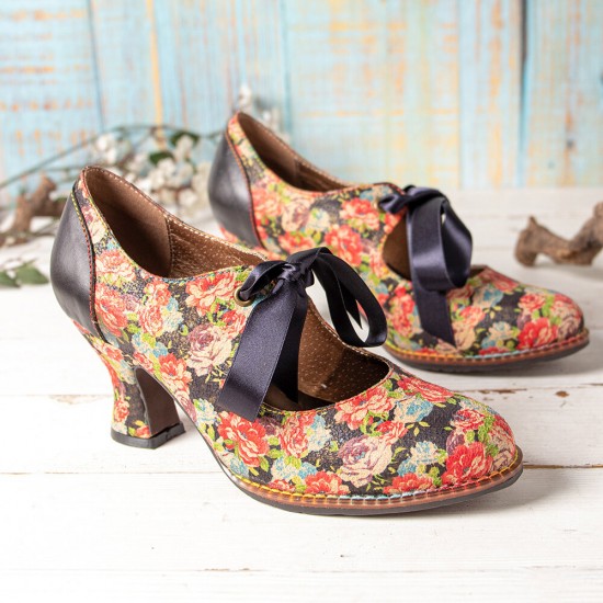 Women Elegant Graceful Little Flowers Printed Comfy Wearable Lace Up Stitching Chunky Heel Pumps Women Elegant Graceful Little Flowers Printed Comfy Wearable Lace Up Stitching Chunky Heel Pumps
