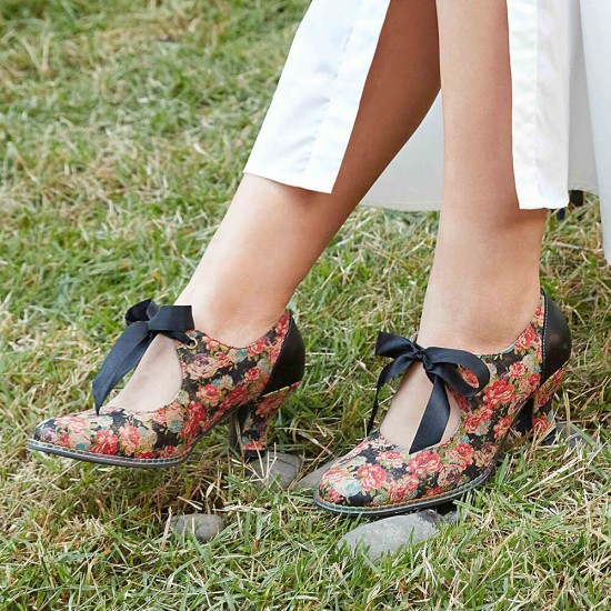 Women Elegant Graceful Little Flowers Printed Comfy Wearable Lace Up Stitching Chunky Heel Pumps Women Elegant Graceful Little Flowers Printed Comfy Wearable Lace Up Stitching Chunky Heel Pumps