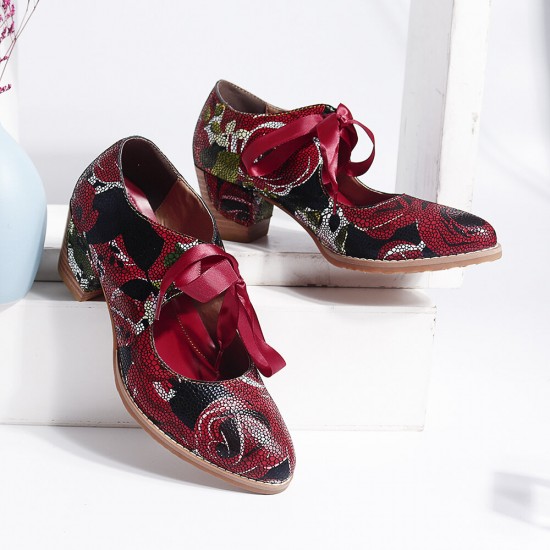 Super Comfy Bloom Rose Stitching Lace Up Casual Dress Leather Pumps For Women Super Comfy Bloom Rose Stitching Lace Up Casual Dress Leather Pumps For Women