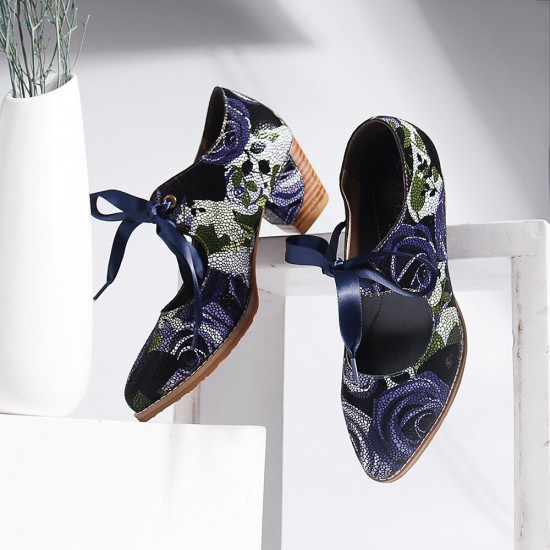 Super Comfy Bloom Rose Stitching Lace Up Casual Dress Leather Pumps For Women Super Comfy Bloom Rose Stitching Lace Up Casual Dress Leather Pumps For Women