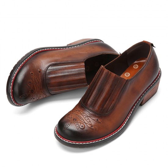 Genuine Leather Retro Comfy Elastic Slip-On Round Toe Low Heel Loafers Shoes Genuine Leather Retro Comfy Elastic Slip-On Round Toe Low Heel Loafers Shoes