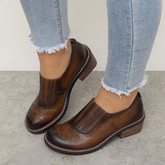 Genuine Leather Retro Comfy Elastic Slip-On Round Toe Low Heel Loafers Shoes Genuine Leather Retro Comfy Elastic Slip-On Round Toe Low Heel Loafers Shoes