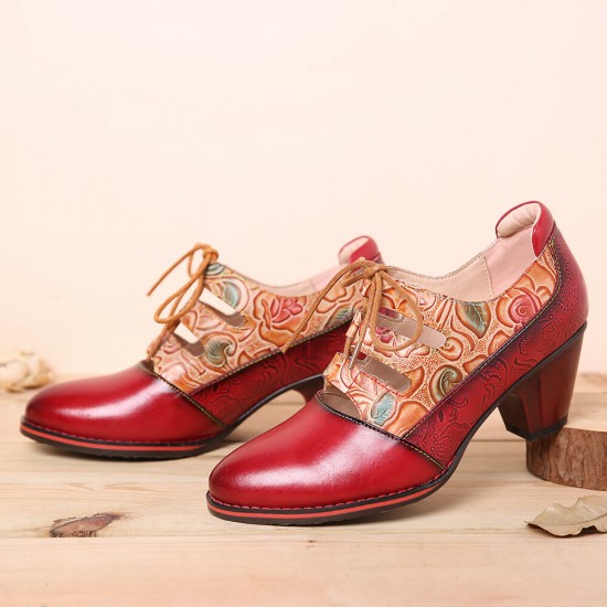 Leather Embossed Flowers Splicing Cut out Lace-up Chunky Heel Pumps Dress Shoes Leather Embossed Flowers Splicing Cut out Lace-up Chunky Heel Pumps Dress Shoes