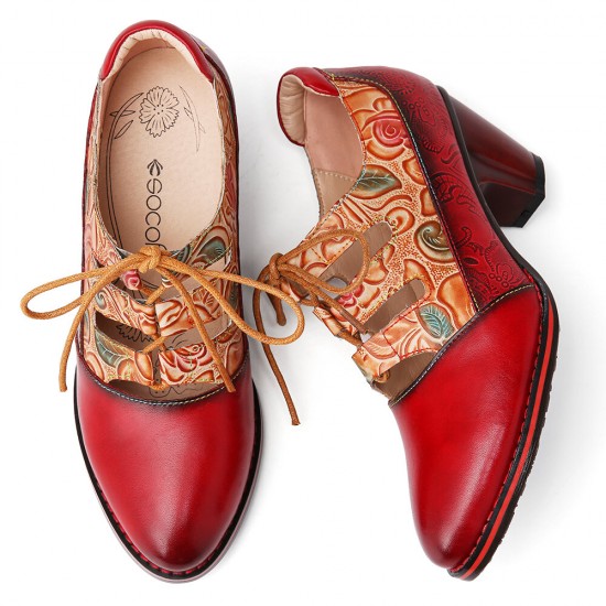 Leather Embossed Flowers Splicing Cut out Lace-up Chunky Heel Pumps Dress Shoes Leather Embossed Flowers Splicing Cut out Lace-up Chunky Heel Pumps Dress Shoes
