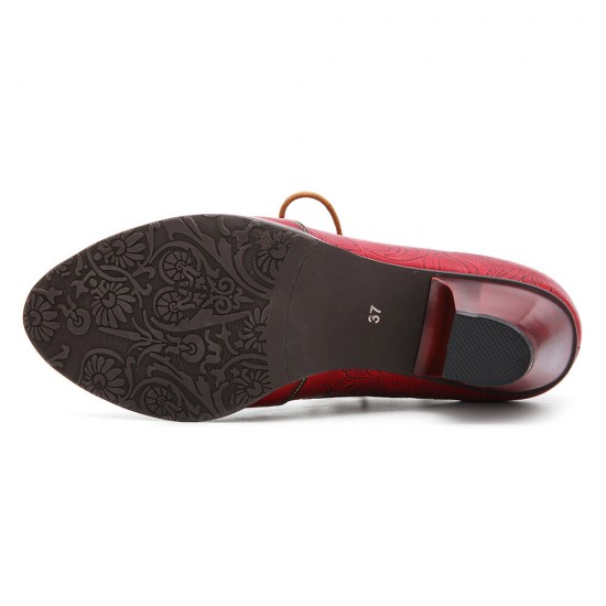 Leather Embossed Flowers Splicing Cut out Lace-up Chunky Heel Pumps Dress Shoes Leather Embossed Flowers Splicing Cut out Lace-up Chunky Heel Pumps Dress Shoes